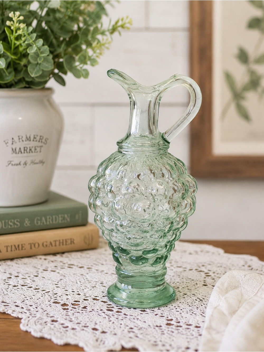 Vintage Green Bubble Glass Cruet Decanter Pitcher Grapevine Pattern
